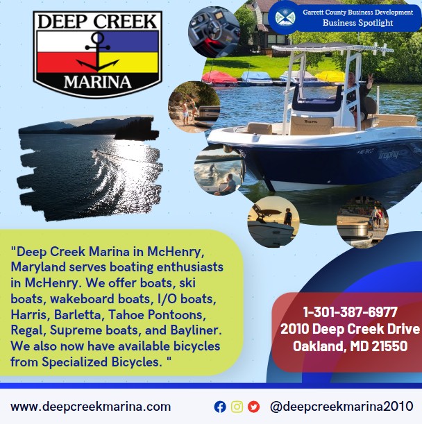 Today's Business Spotlight 🚤 is on Deep Creek Marina! 
Visit them at www.deepcreekmarina.com or Deep Creek Marina  
Follow us to see more daily Garrett County Business Spotlights! 
If you are interested in having your business featured contact Connor Norman at cnorman@garrettcountymd.gov. #businessdevelopment #garrettcountymd